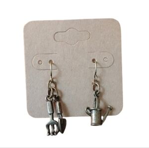 Silver Tone Mini Gardening Tool Dangle Earrings Watering Can Shovel Novelty